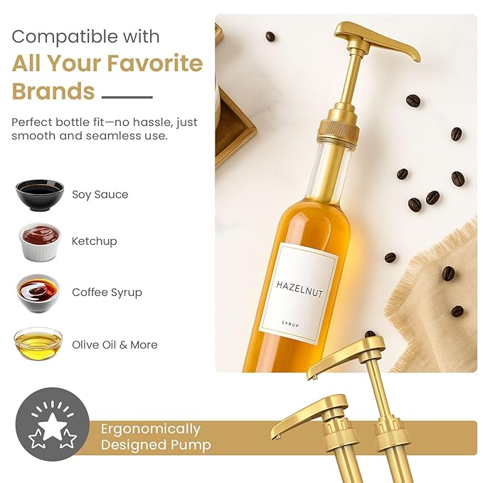 Syrup Pump for Coffee Syrup Bottles – 6-Pack Dispenser Pumps Fits 750ml / 25.4 oz Flavoring Syrup Bottles – Compatible with Torani & More – Gold Coffee Syrup Dispenser Pump for Home & Cafe Use