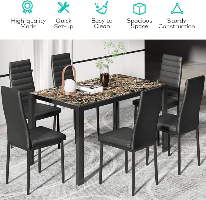 Gizoon Marble 7 Piece Glass Dining Table Set, Kitchen Table and Chairs Set | PU Leather Modern Dining Room Furniture,Dining Table Sets,Space Saving Table and Chairs Set for Home, Kitchen, Living Room - Image 7
