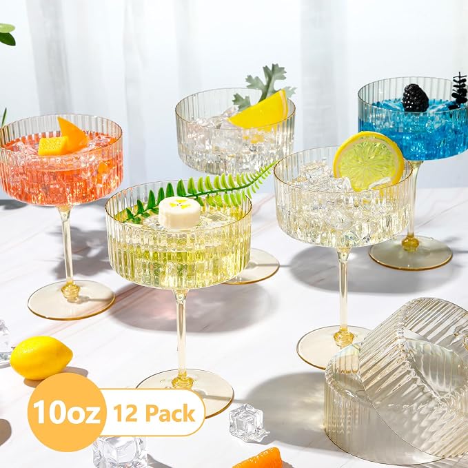 Jingmore 12 Pcs Ribbed Martini Glasses 10 oz Disposable Plastic Vintage Ribbed Coupe Glasses Unbreakable Dessert Parfait Glassware for Wedding Birthday Party Supplies (Gold) - Image 3