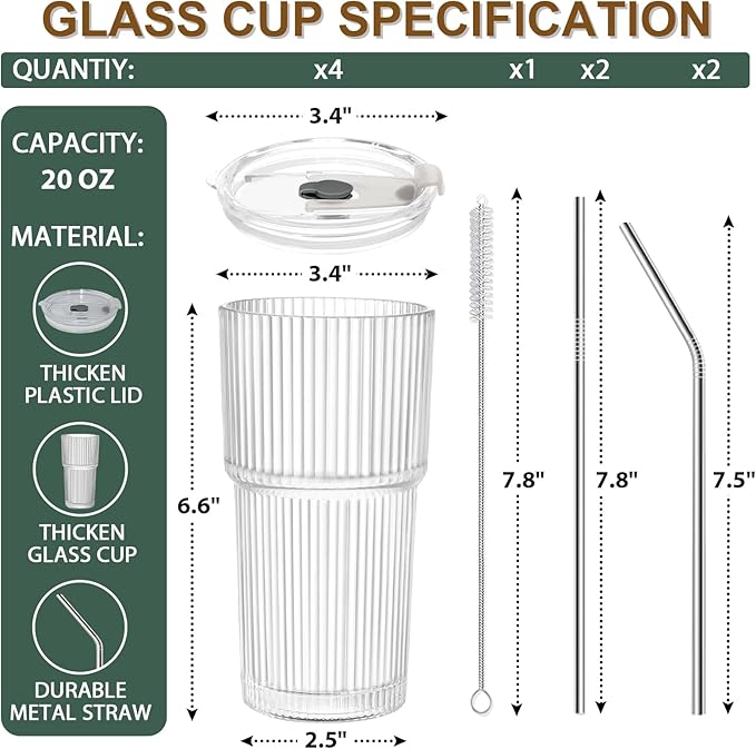 Iced Coffee Cups with Lids and Straws, 20 OZ Glass Tumbler with Straw and Lid, Clear Ribbed Glass Cups Reusable to Go Coffee Tumbler for Matcha, Smoothie, Cocktail,Latte, 4 Pcs