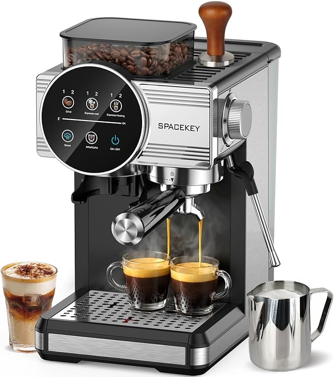 Spacekey Espresso Coffee Machine with Grinder, Milk Frother, Cold Brew, 20 Bar | Coffee Maker with 30 Grind Settings, 60oz Removable Tank, Home Barista Kit for Lattes, Cappuccinos, Americano by SpacekeyDirect