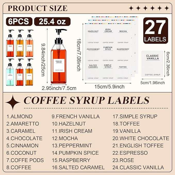 Nuogo 6 Pcs Coffee Syrup Dispenser Set 300ml, 500ml, 750ml Black Syrup Bottles with Pump Dispenser 27 Labels Kitchen Accessories(25.4 oz)