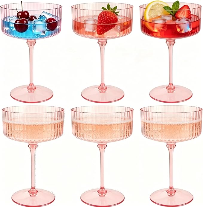 PLULON 6 Pcs Pink Champagne Martini Glasses Set 10 Oz Plastic Ribbed Coupe Cup, Cocktail Glasses Champagne Cup Tower Vintage Margarita Glassware for Clubs Gifts Wedding Bachelor Party Outdoor Events by PLULON