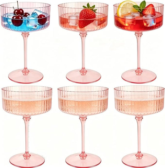PLULON 6 Pcs Pink Champagne Martini Glasses Set 10 Oz Plastic Ribbed Coupe Cup, Cocktail Glasses Champagne Cup Tower Vintage Margarita Glassware for Clubs Gifts Wedding Bachelor Party Outdoor Events by PLULON