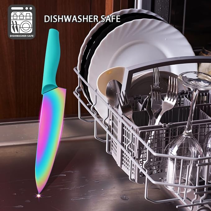 Knife Set with Spoons, KYA37B Knife Sets with Blade Guards and Measuring Spoons, Marco Almond® Rainbow Color 17-Piece Stainless Steel Kitchen Knives Set with Covers | 6 Knives w 6 Blade Guards&Spoon Steel Knife Set for Kitchen, Anti-Rust,Ergonomic Hand... - Image 4