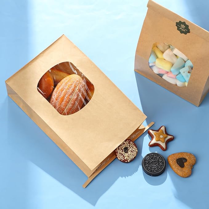 Tenare 50 Pieces Bakery Bag with Window Kraft Paper Bag 6.1 x 2.76 x 9.5 in | Christmas Tin Tie Tab Lock and 60 Pieces Handmade Label Seal Stickers Window for Xmas Coffee Cookie Treat - Image 6