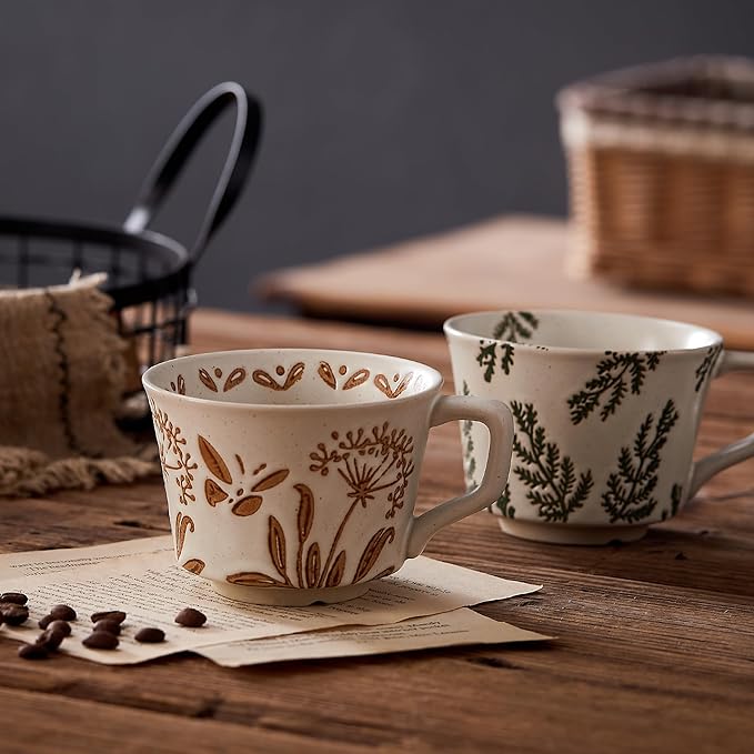 12 oz Vintage Ceramic Coffee Mug Set of 4 - Handmade Stoneware Pottery Countryside Farmhouse Fall Autumn Tea Mugs with Big Handle for Latte,Cocoa,Dishwasher & Microwave Safe Cups (Plants) - Image 3