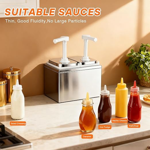 2.11 Quart Stainless Steel Sauce Pump Dispenser,Condiment Pump Station Detachable Leak-Proof Design for Sauce Honey Syrup Dressing,Commercial & Home Kitchen Use (2 Heads, 2L)