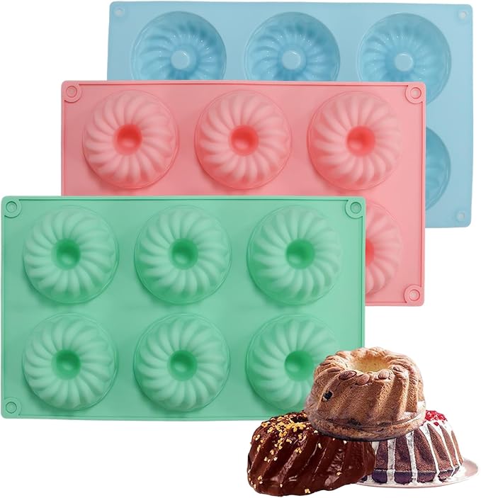 3 Pcs Mini Fluted Tube Cake Pan, 6-Cavity Silicone Non-Stick Small Cake Baking Mold for Cupcakes Cornbread Brownies Donuts Jello(Style4) by Unknown