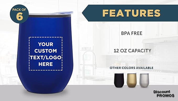 Custom Stemless Wine Tumblers 12 oz. Set of 6, Personalized Bulk Pack - Insulated, Perfect for Wine, Cocktails, Other Hot & Cold Beverages - Blue