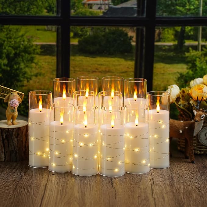 Sasigeiaa Flameless Candles with Embedded Star String - Battery Operated LED Candles, with Remote,12 White Flickering Candles for Christmas, Weddings, Home Decor & Party,(D 2.3"×H 5" 6" 7") - Image 4
