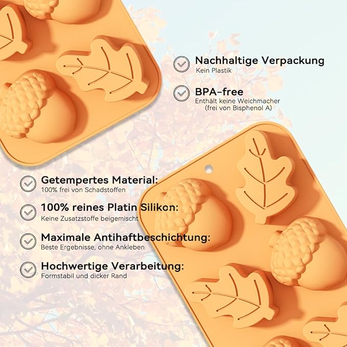 2 Pcs Fall Silicone Molds 3D Chocolate Silicone Mold Autumn Maple Leaf Hazelnut Acornshape Mold for Halloween Thanksgiving Chocolate Candy Cake Pan Baking Tray Cake Decoration