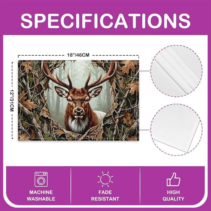 Feelyou Elk Deer Placemats Set of 4 Camo Table Mats Jungle Leaves Plants Place Mat for Kitchen Dining Table Party Decor Indoor Outdoor 18"x12" Non-Slip Easy to Clean Wildlife - Image 4