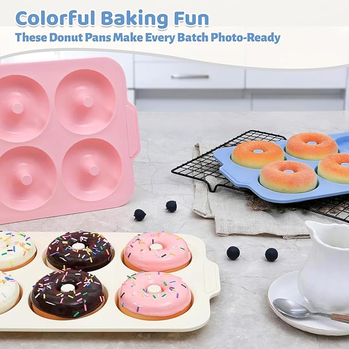 Nonstick Silicone Donut Pan: 3.5 Inch Large Donut Mold with Metal Frame - Bagel Doughnut Pan for Baking Gluten Free Glazed Vegan - for Oven Housewife Home Baker Baking Lovers (Blue)