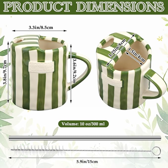 1 Pack Ceramic Coffee Mug with Sip Hole Espresso Cup 10oz with Straws Retro Hand Painted Striped Ceramic Iced Coffee Tea Travel Mug Latte Cup for Kitchen Dining (Handle,Green) - Image 2