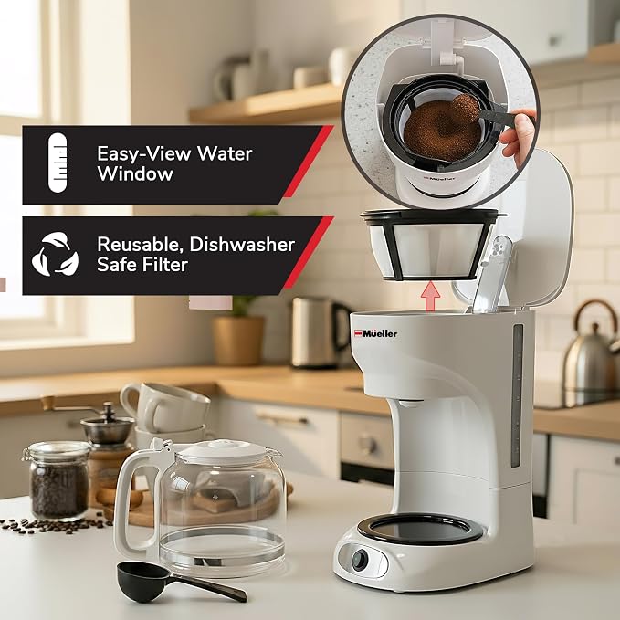 MUELLER HOME 12-Cup White Coffee Maker | Borosilicate Carafe, Auto-Off, Reusable Filter, Anti-Drip, Keep-Warm Function - Image 5