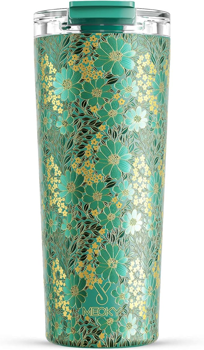 Meoky 24 oz Insulated Travel Coffee Mug: Leak Proof Lid, Emerald Bloom | Stainless Steel Coffee Tumbler, Keeps Hot for 8 Hours or Cold for 24 Hours, Fits in Car Cup Holder, BPA Free by MEOKY