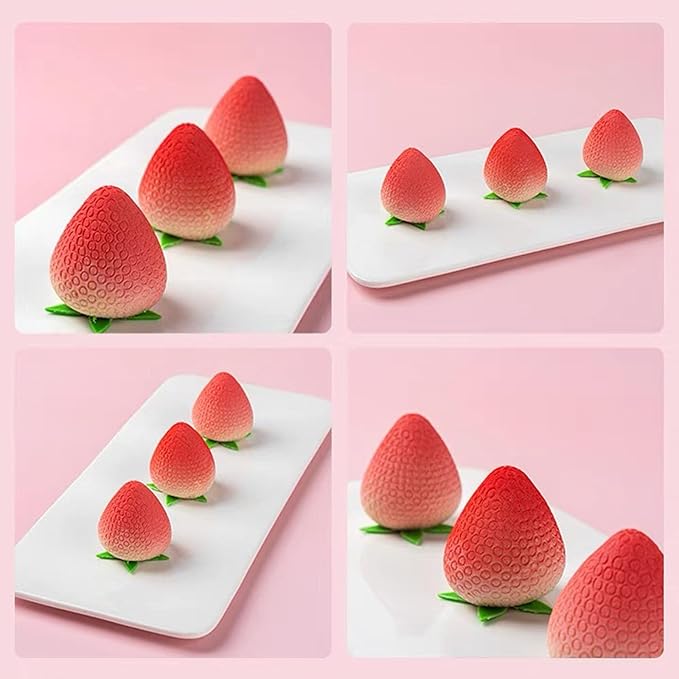 3D Strawberry Shape Silicone Baking Mold for Mousse Cake, French Dessert Mold for Pastry Chocolate, Reusable Non-Stick Easy Release(15-Cavity)