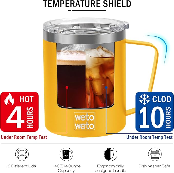 WETOWETO 14 oz Coffee Mug, Vacuum Insulated Camping Mug with Lid, Double Wall Stainless Steel Travel Tumbler Cup, Coffee Mugs Outdoor, Powder Coated Alpine Yellow - Image 4