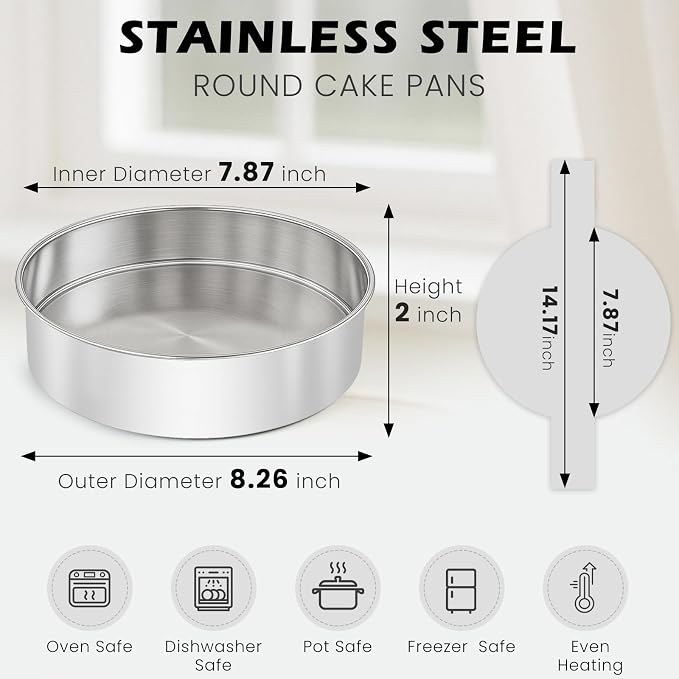 8 Inch Cake Pan - 3PCS Stainless Steel Round Layer Cake Baking Pans with 100 PCS Parchment Paper, Round Bakeware for Party Birthday Wedding, Mirror Finish & Dishwasher Safe - Image 2