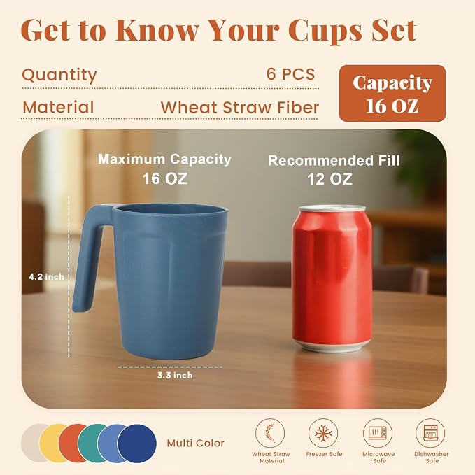 Homienly Wheat Straw Coffee Mugs, Alternative to Plastic Coffee Cups, Set of 6, Unbreakable Camping Coffee Mugs, 16 OZ Cups for Tea, Coffee, Milk, Dishwasher and Microwave Safe Kids Mug, Multi - Image 2