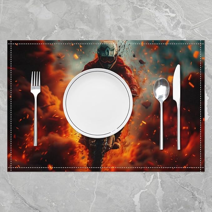 Feelyou Dirt Bike Placemats Set of 4 12"x18" Extreme Sports Placemats for Dining Table Indoor Outdoor Kitchen Racing Motocross Rider Table Mats Placemat Motorcycle Decor Table Place Mats Motorbike - Image 2