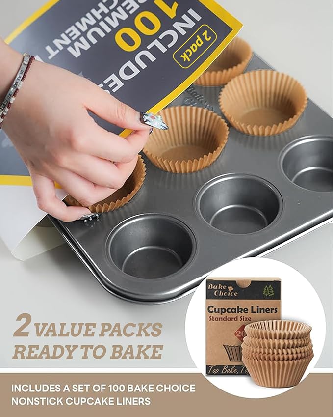 Bake Choice 2 Muffin Pan for Baking, Standard Cupcake Pan with 100 Liners | Includes 100 Natural Cupcake Liners, Non-Stick Muffin Tin Nonstick 12 Cup, Baking Pans Set, Carbon Steel Baking Supplies - Image 2