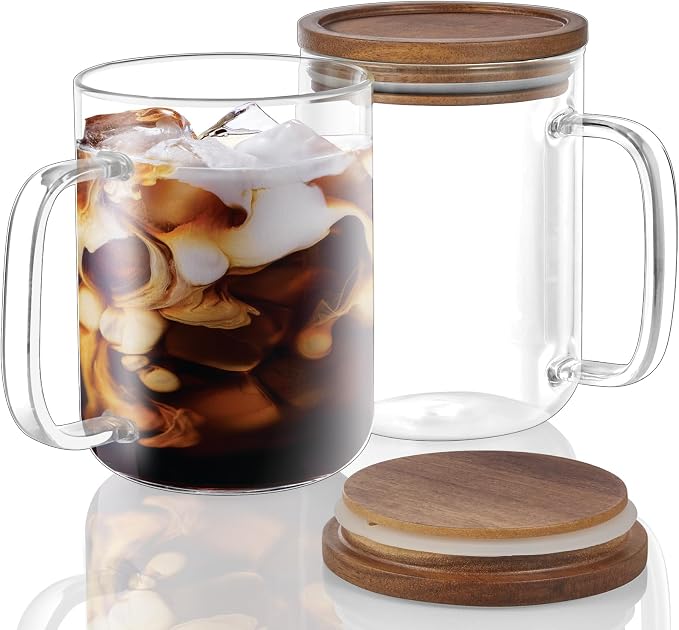 DRASTAR Glass Coffee Mugs, 20 oz Clear Coffee Cups, Coffee Mug with Acacia Wood Lid, Tea Glass Cups with Handles, Large Coffee Mug Set of 2, Glass Coffee Cups for Latte, Espresso, Tea by EnhanceYourDailyLife