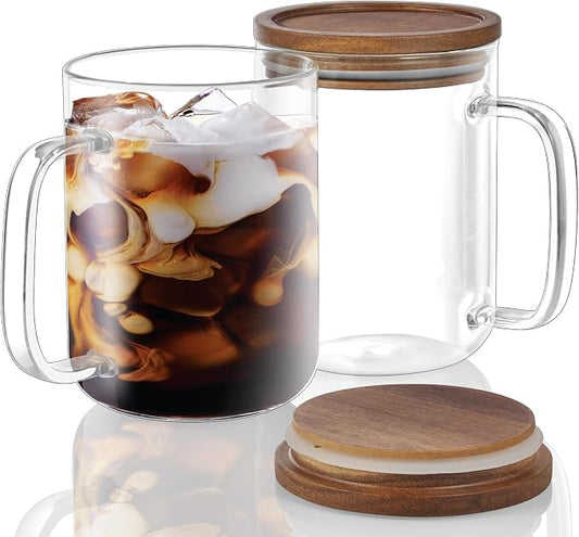 DRASTAR Glass Coffee Mugs, 20 oz Clear Coffee Cups, Coffee Mug with Acacia Wood Lid, Tea Glass Cups with Handles, Large Coffee Mug Set of 2, Glass Coffee Cups for Latte, Espresso, Tea by EnhanceYourDailyLife