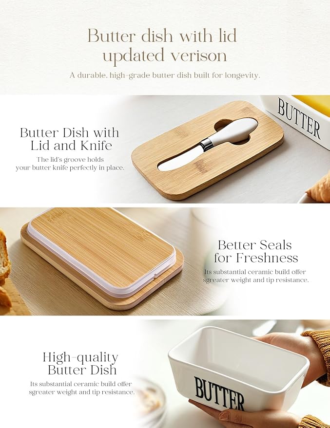 Ceramic Butter Dish with Lid and Knife & Silicone Seal for Countertop White | Suitable Capacity, Great Sealing, Home Decor Kitchen Gift Housewarming Gift - Image 4