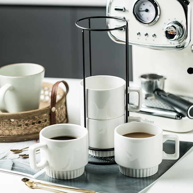 Miamolo Coffee Mugs Set of 4, Stackable Coffee Cups with Stand and Spoons | 11oz, Ceramic | for Espresso Cappuccino Latte Tea Drinks | Dishwasher & Microwave Safe | Housewarming Gift | White - Image 5