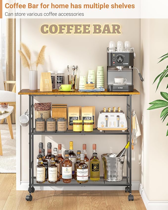 Kitchen Island with 3 Shelves, Rolling Kitchen Cart with 6 Hooks and Protective Shelf, Microwave Stand on Lockable Wheels, Bakers Rack Coffee Bar for Dining, Living Room, Outdoor, Metal Frame - Image 6