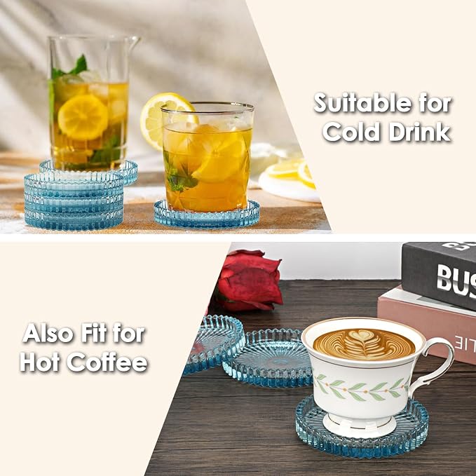 Modern Clear Coaster Set of 5- Glass Coasters for Drinks, Clear Blue | Crystal Coasters Round Cup Mat Coffee Table Decor for Office, Kitchen, Bar, Dining Room, Living Room, Patio - Image 5