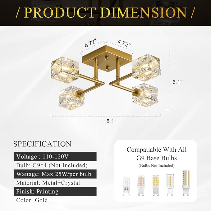 Modern Gold Sputnik Chandeliers 4-Light Crystal Semi Flush Mount Ceiling Light Fixture Industrial 18" Chandelier for Hallway Entryway Kitchen Bedroom Dining Room - Image 2