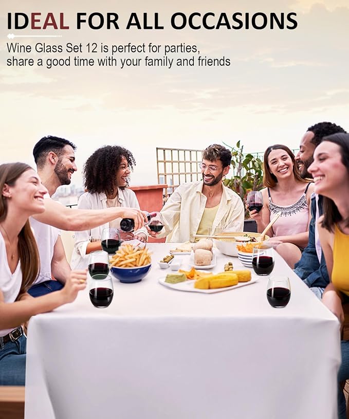 OJA Wine Glasses Set, Crystal Stemless Red Wine Glass, Set of 12, 15 oz | No Stem, Clear, Sturdy Drinking Glass for White Wine, Daily Use, Birthday, Wedding, Home Party, Anniversary, Shower Gift - Image 5