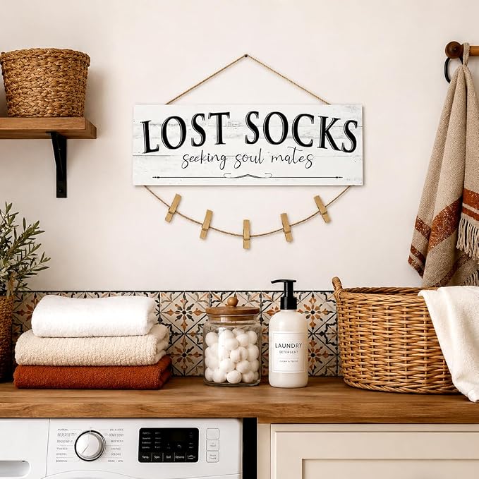 Laundry Room Signs Wall Decor: Lost Socks Sign - Seeking Soul Mates Quotes Funny Laundry Signs Rustic Farmhouse Laundry Room Door Sign Canvas Prints Wall Plaques Hanging Decor 6" x 14.5" - Image 5