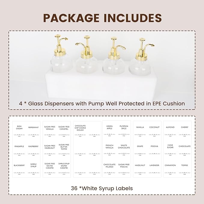 16.9oz Coffee Syrup Dispenser 4Pack- Glass Syrup Dispenser Kit for Coffee Bar Accessories for Home Coffee Bar/Premium Labeled Barista Kit, Gold