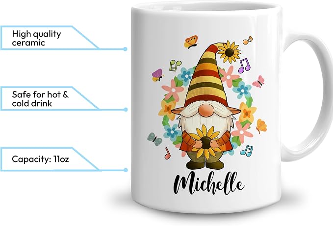 Hyturtle Personalized Gnome Hippie Coffee Mug Gifts on Birthday Christmas | Unique Gift Ideas for Gnome Lovers, Gnomes Gifts For Women Custom Name 11oz White Ceramic Coffee Tea Mug, Comfort grip handle - Image 3