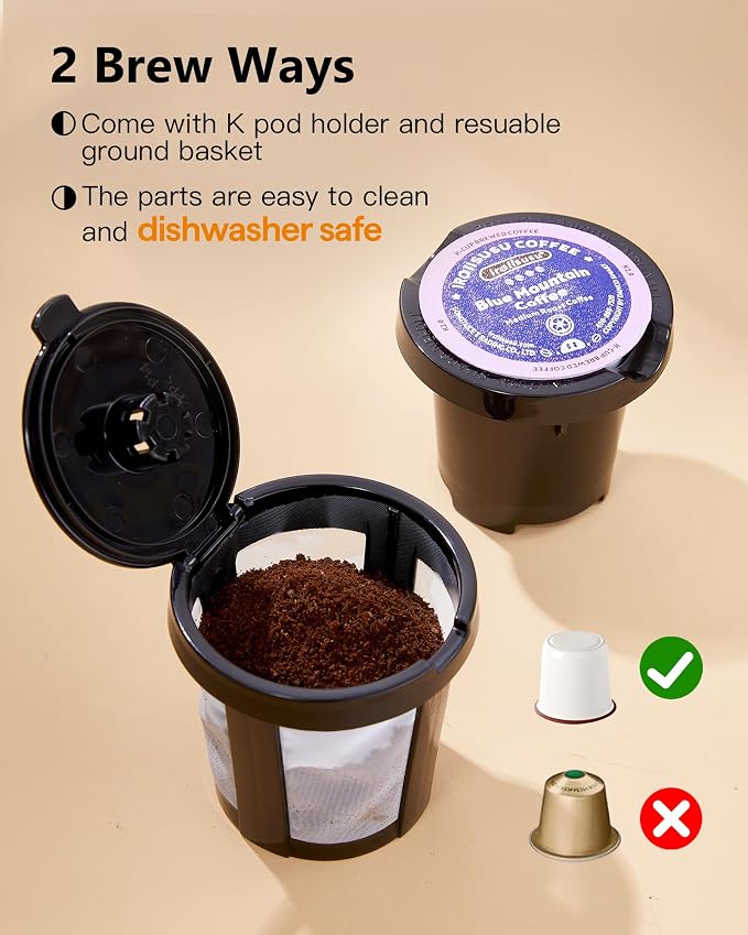 Tastyle Mini Single Serve Coffee Maker for K Cups and Grounds with Handle | for Travel, Camping, Office, RV and Dorm, Portable Handle,120V, 6 to 12 Oz Brew Size, BPA Free, K302, White and Brown - Image 8