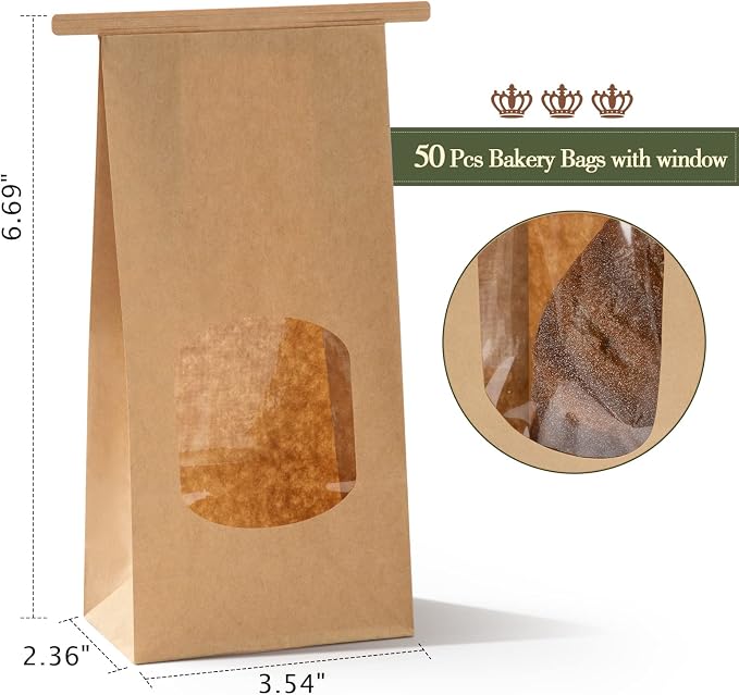 Tenare 50 Pieces Brown Bakery Bags with Window Kraft Paper Bags Christmas Tin Tie Tab Lock and 60 Pieces Adorable Handmade Label Seal Stickers Window for Xmas Coffee Cookie Treat, 3.54 x 2.36 x 6.69" - Image 2