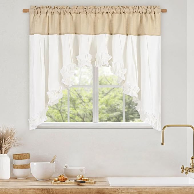 Likiyol Linen Swag Curtains Farmhouse Ruffle Valances for Windows Rustic Country Window Valances Light Filtering Kitchen Curtains Rod Pocket Valance for Bathroom Cafe, Linen White, 60" W x 36" L - Image 2
