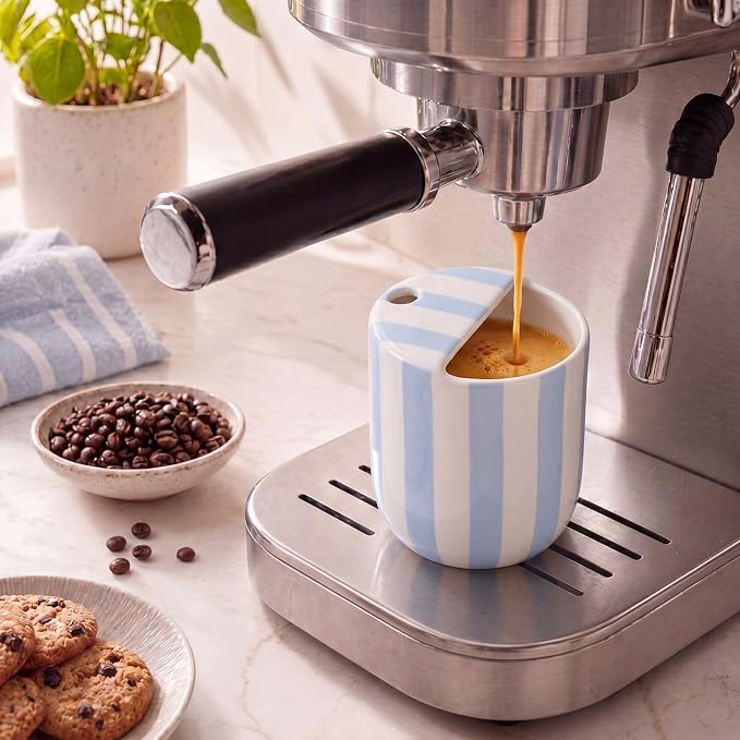 Ceramic Coffee Mug with Sip Hole 10 oz Retro Espresso Cup with Half Lid Hand Painted Blue Striped Porcelain Coffee Tea Cup for Kitchen Office Travel Tea Cappuccino Latte Daily Use Gift - Image 6