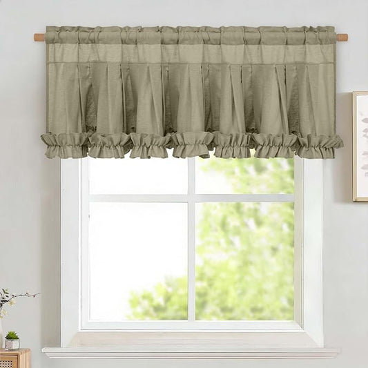 Likiyol Linen Valances for Windows Farmhouse Window Valances with Ruffle Rustic Country Light Filtering Kitchen Valance Curtains Rod Pocket Valance for Bathroom Cafe, Grey Brown, 52" W X 18" L by Likiyol