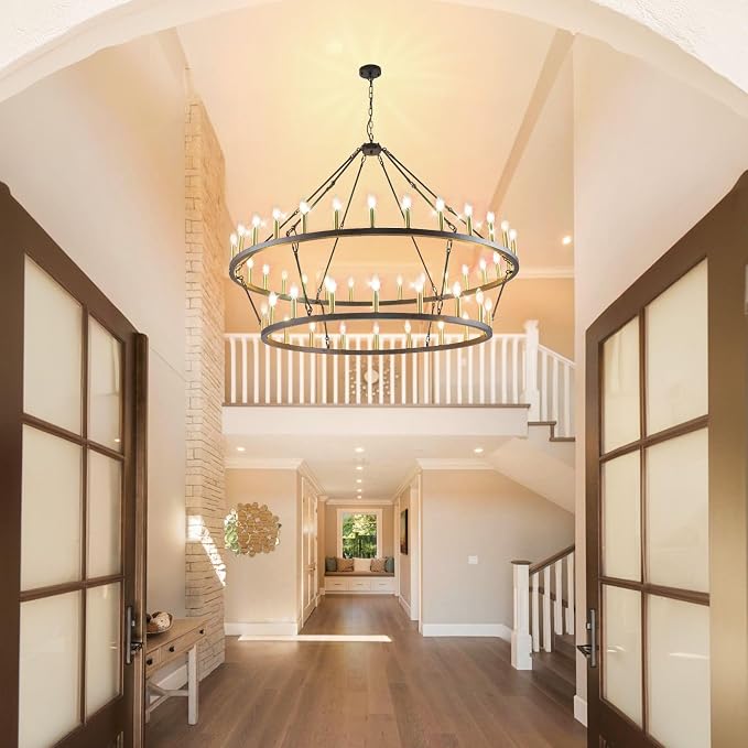 WJShome 55 Inch Farmhouse Wagon Wheel Chandelier - 2 Tier 48-Light Rustic Black and Gold Chandeliers, for Living Room, Entryway and Staircase - Image 7