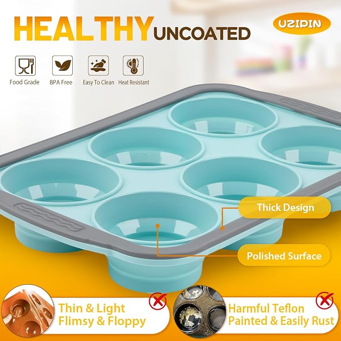 Silicone Muffin Pan, 6 Cups Non-Stick Cupcake Pan, Food-Grade BPA-Free Muffin Tin, Oven-Safe 450 °F, Reinforced Steel Frame, Easy-Grab Handles, Quick-Release 2.7" Baking Molds for Mini Treats - Image 3