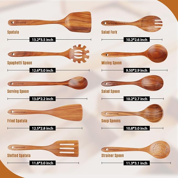 Mooues Wooden Spoons for Cooking, Wooden Utensils for Cooking Natural Teak Wooden Kitchen Utensils Set Comfort Grip (10 PCS SET) | Wooden Spoons for Cooking with Comfort Grip, Smooth Durable Heat Resistant Cooking Spoons and Cooking Utensils for Cooking - Image 4