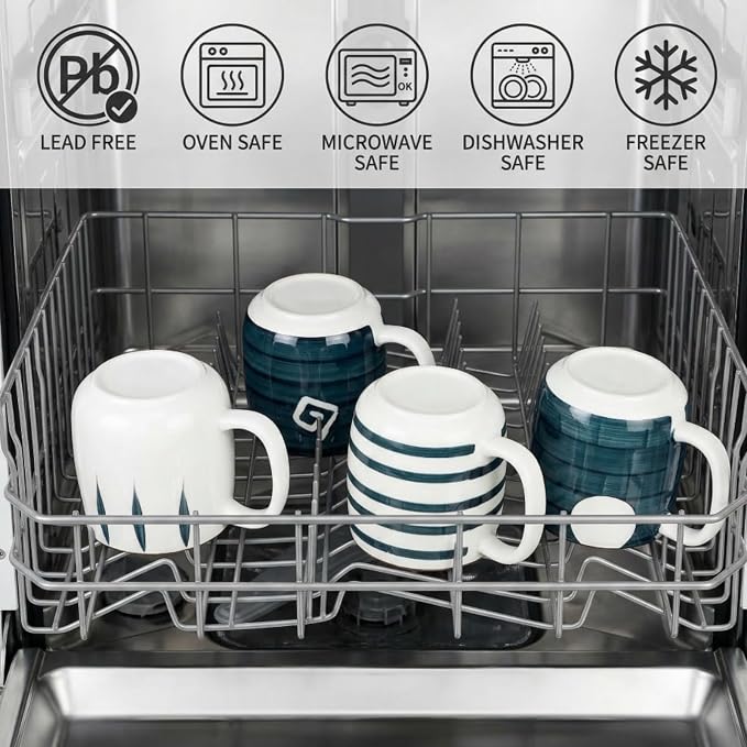 DEAYOU Set of 4 Porcelain Coffee Mugs, 17 Oz Ceramic Coffee Cups with Handles, Large Hand-Painted Tea Cups for Cappucino, Milk, Latte, Cocoa, Hot or Cold Drinks, Microwave & Dishwasher Safe - Image 5