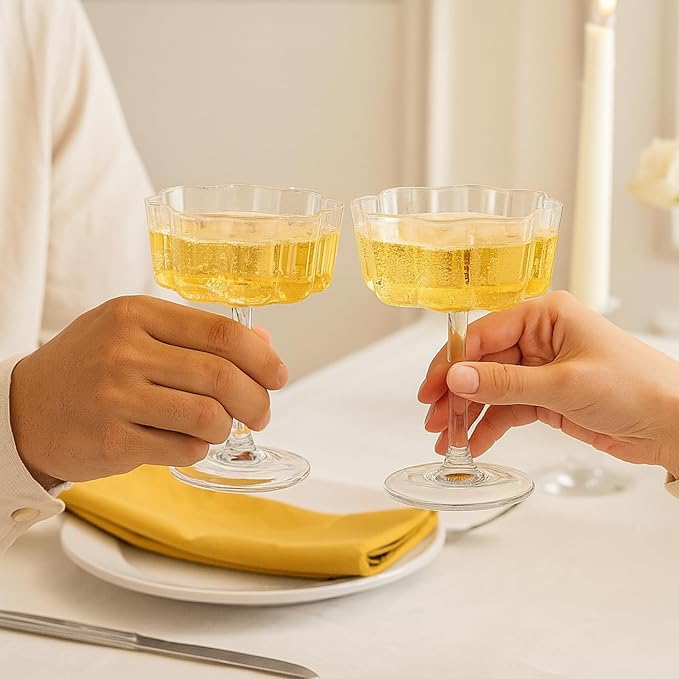Khen Vintage Wavy Glass Coupes Martini, Champagne & Cocktail Coupes - Set of 2-7oz Colorful Cocktail Glasses & Champagne, Prosecco, Mimosa Glassware Copyright Design - Crystal Clear - Image 7