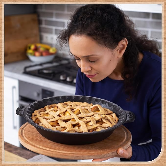 LemonRoad 2 Pcs Cast Iron Pie Pan for Apple Pumpkin Cherry Pies Quiche & Tarts 10" Pan with Crimped Edges and Handles for Thanksgiving Christmas Gift Kitchen Indoor Outdoor Picnic - Image 5