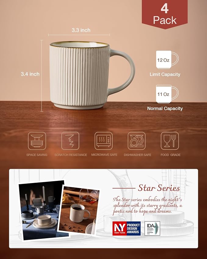 famiware Coffee Mug Set for 4, Star 12 oz Catering Mugs Cup Set with Handle for Coffee, Tea, Cocoa, Milk - Ceramic Stoneware Drinkware Set, White - Image 4